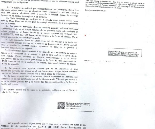 Juzgado de Putaendo fija fecha para remate judicial por videoconferencia